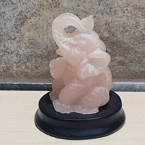 Small Pink Stone Rose Quartz Carved Elephant Statue Trunk Up